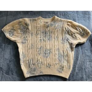 Sincerely Jules Sweater Short Sleeve Cable Knit Beige W/Light Blue Flowers SMALL
